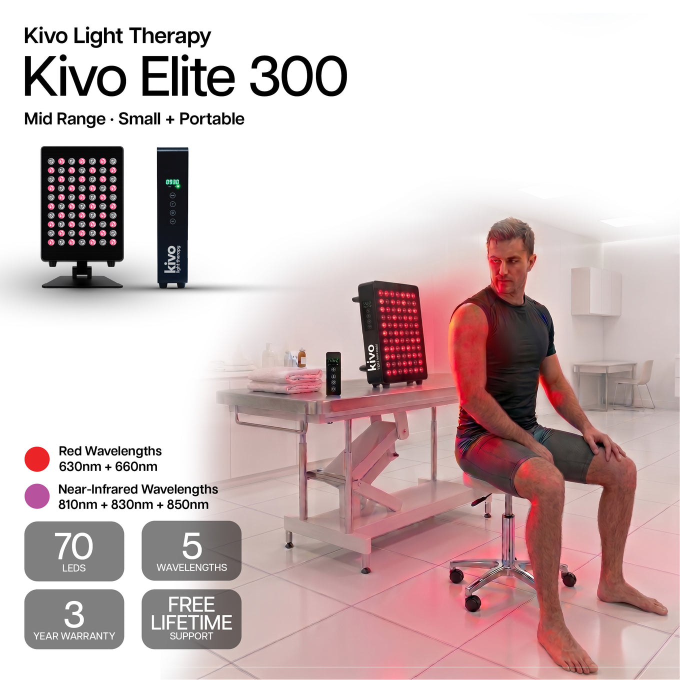 Kivo Elite 300 Mid-Range Small LED light with red and near-infrared wavelengths.