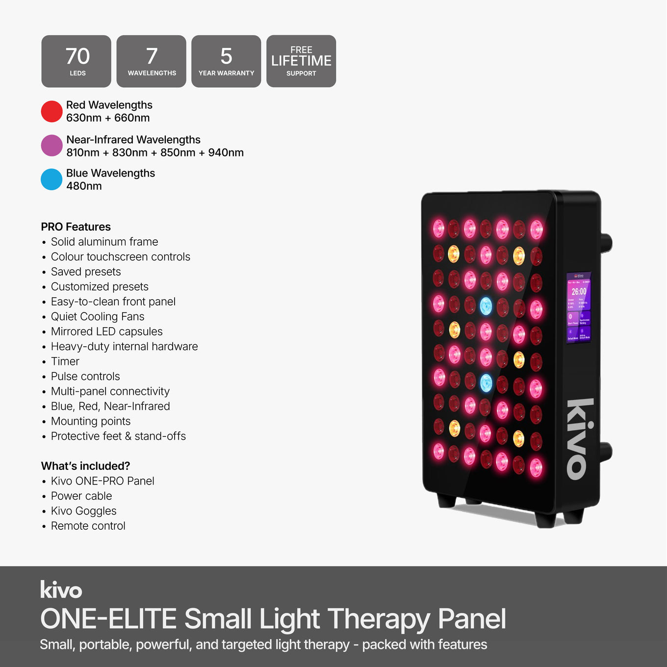 Kivo ONE Pro Series Panel - 70 LEDs 7 wavelengths blue red near-infrafread