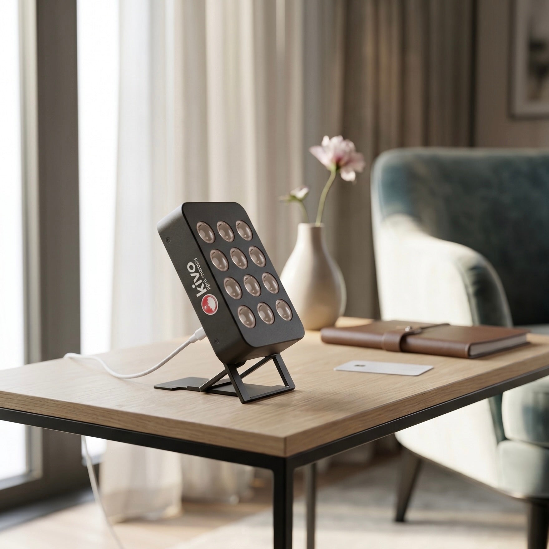 A black KIVO red light device and stand on a small stand, placed on a wooden table in a modern living room setting with a chair, vase, and notebook in the background.