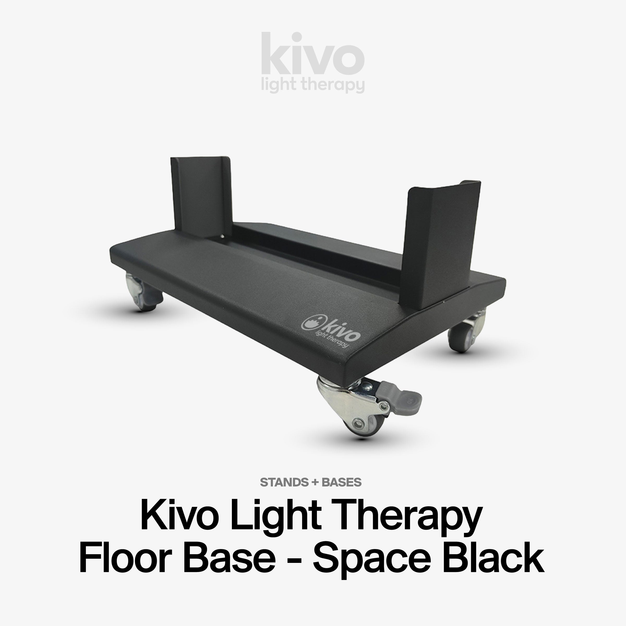 Black metal base for Red Light Therapy panels with wheels