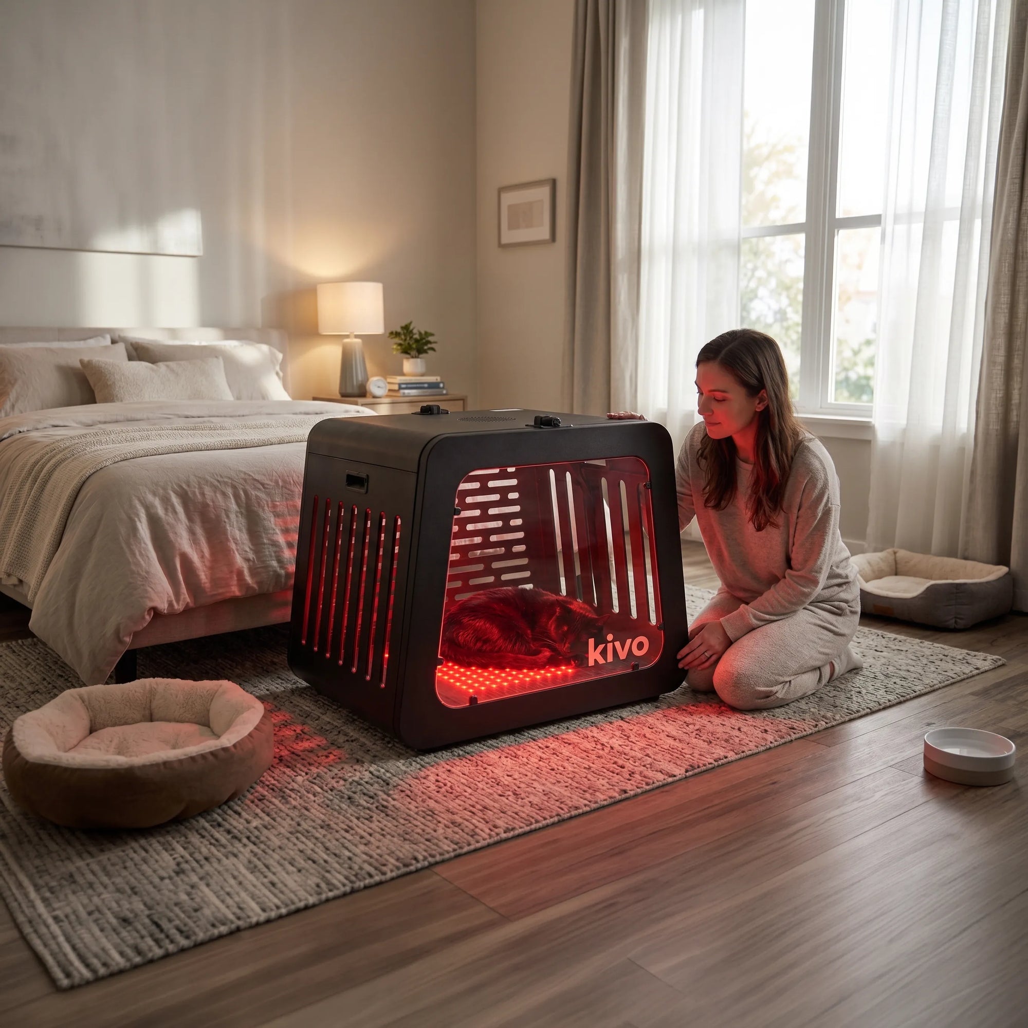 A woman kneels beside a black KIVO pet crate with red interior lighting in a softly lit bedroom. The crate is placed on a rug on the floor, with a bed, lamp, curtains, and pet beds visible around it.