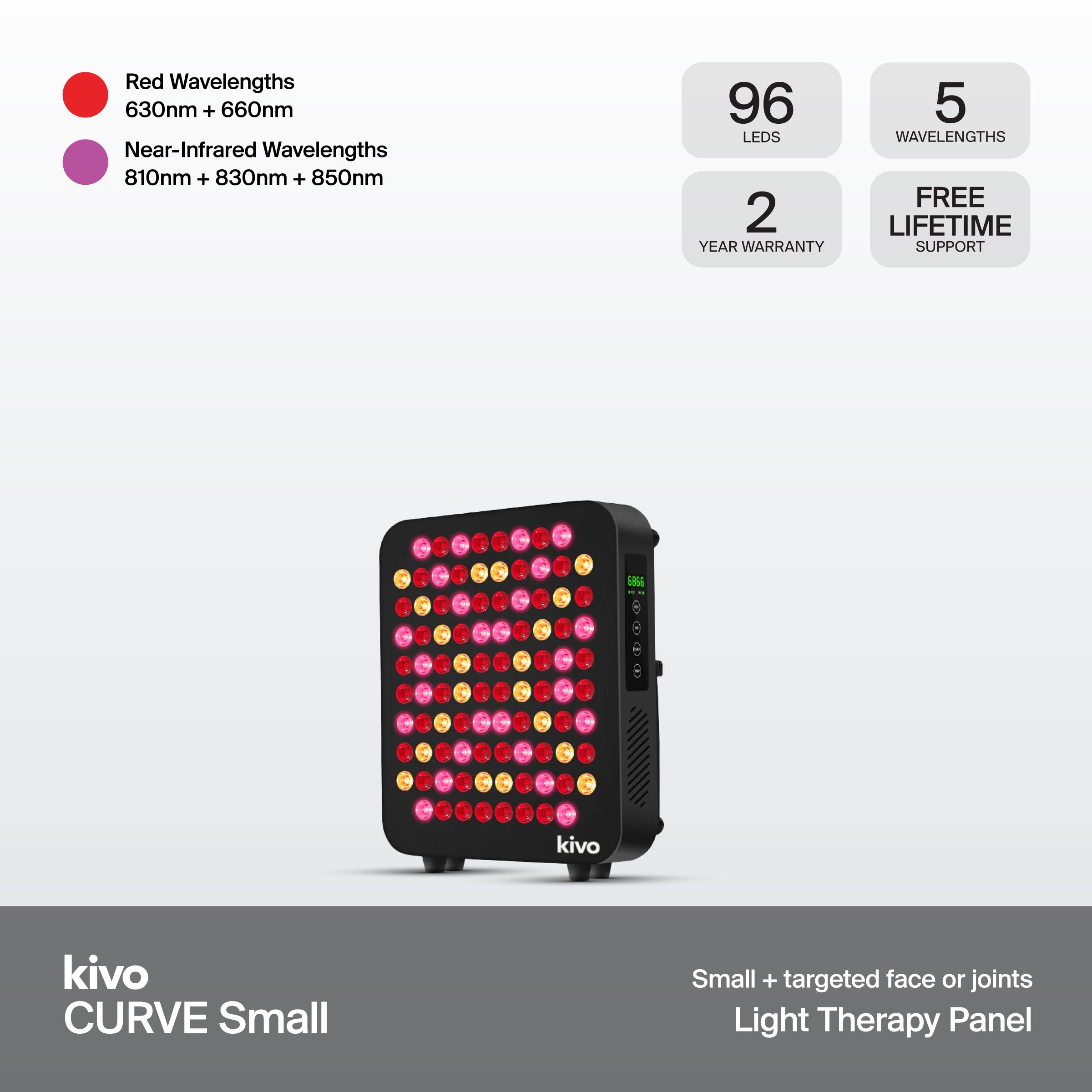 Kivo CURVE Small light therapy panel shown on a light gray background with feature callouts: red and near-infrared wavelengths, 96 LEDs, 5 wavelengths, 2-year warranty, and free lifetime support.