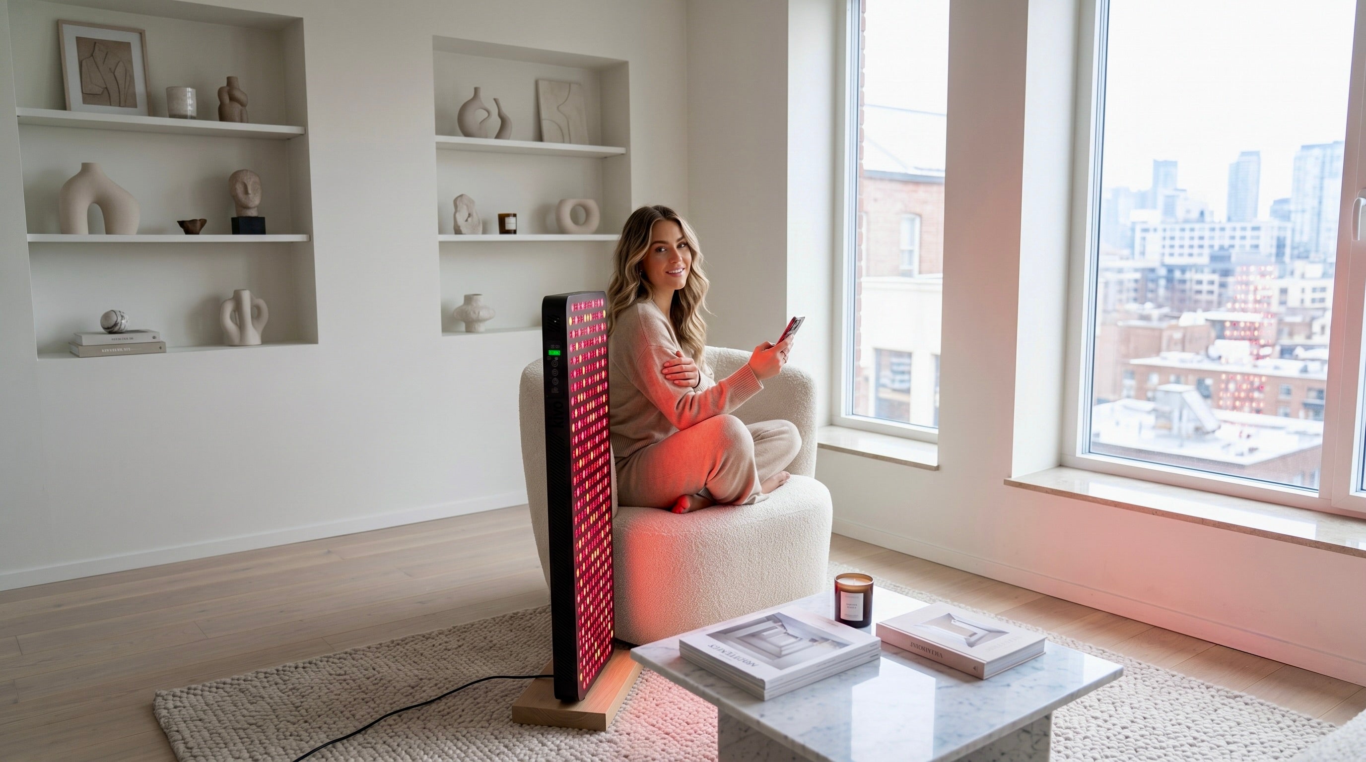 A woman sits in a white armchair in a bright modern living room, holding a phone in front of a tall red-and-black rectangular device that casts a pink glow onto the chair and floor. Large windows show a city skyline outside, and shelves with decorative objects are visible on the wall.