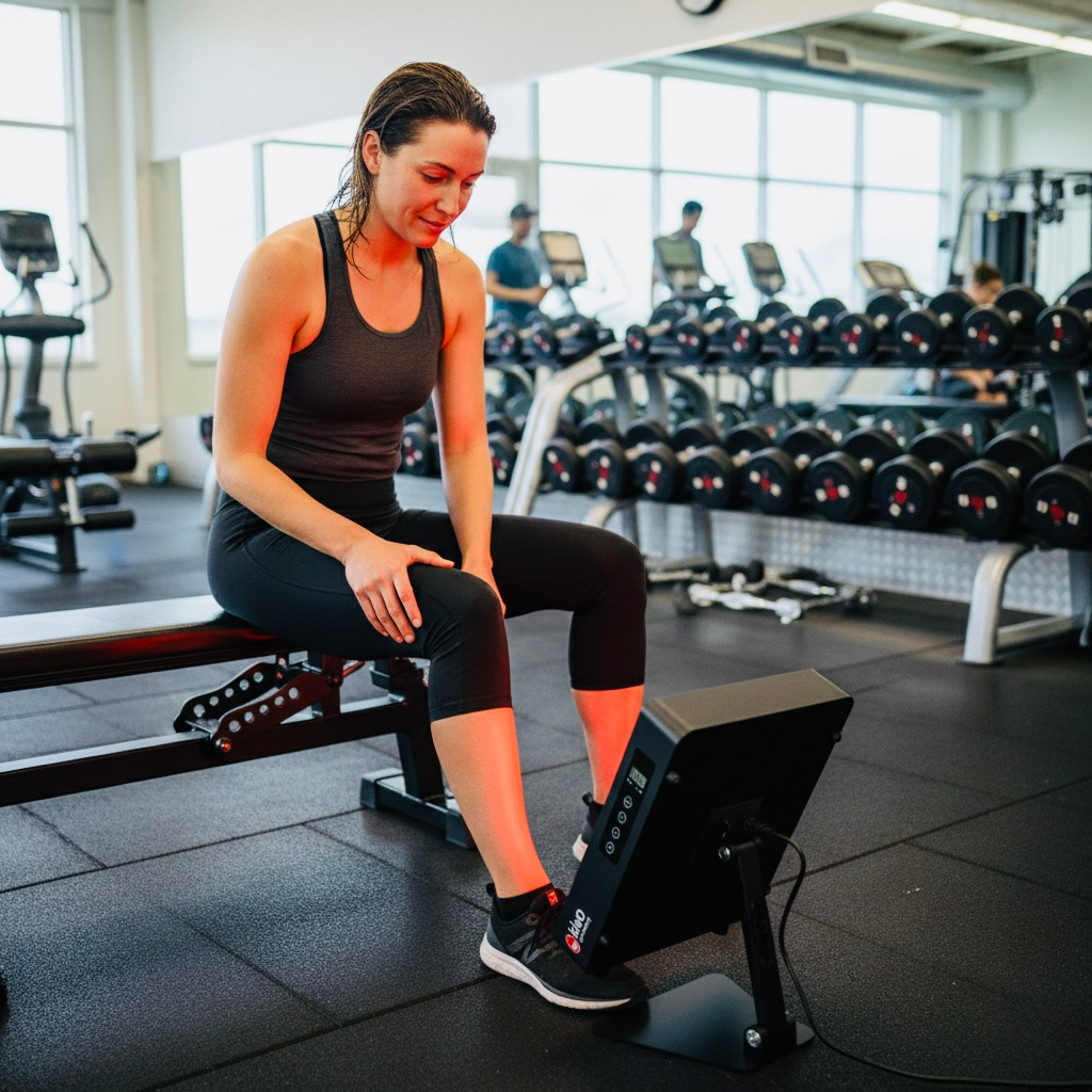 Gym woman using red light therapy panel and nir near-infrared