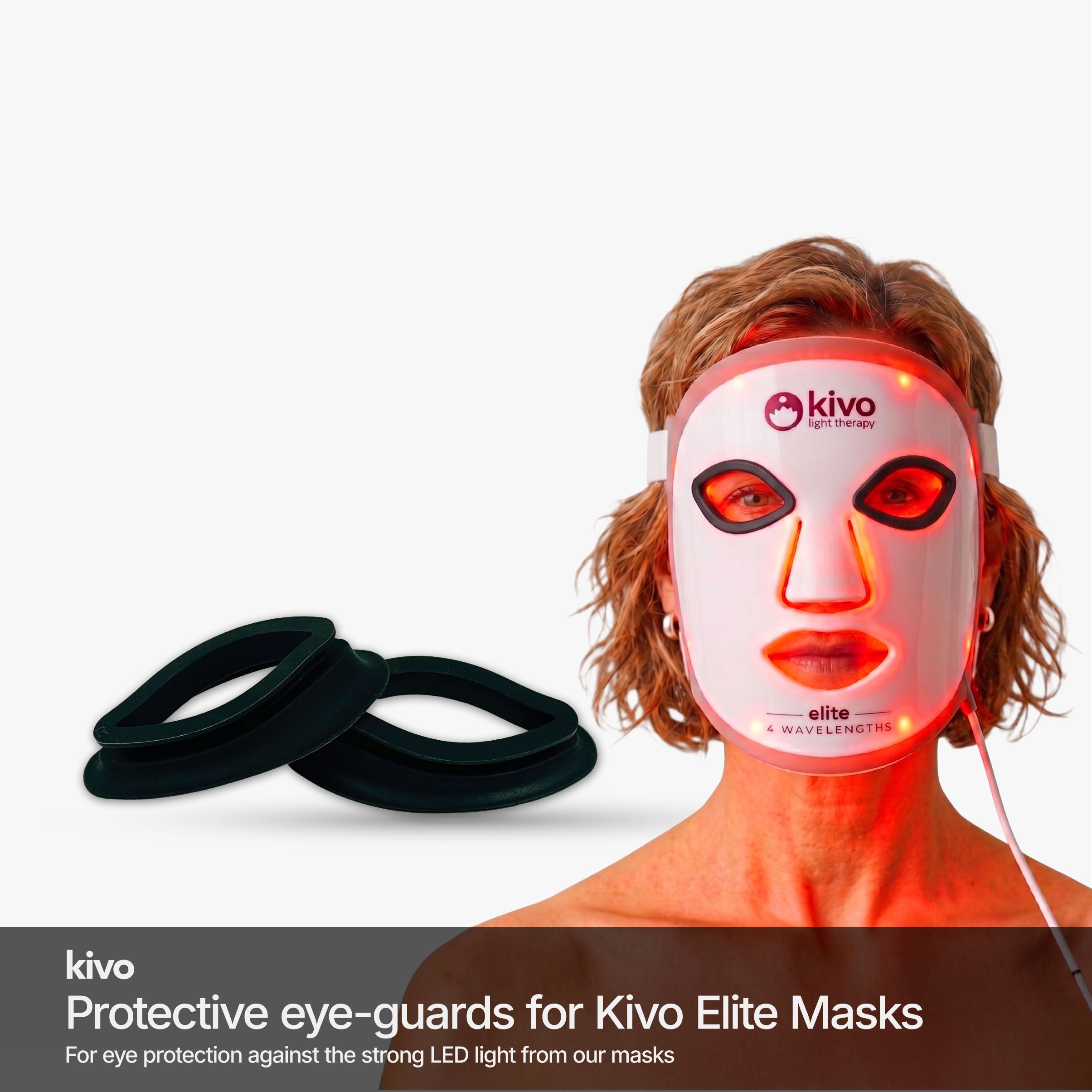 Black-out eye guards on a gray background with product description text.