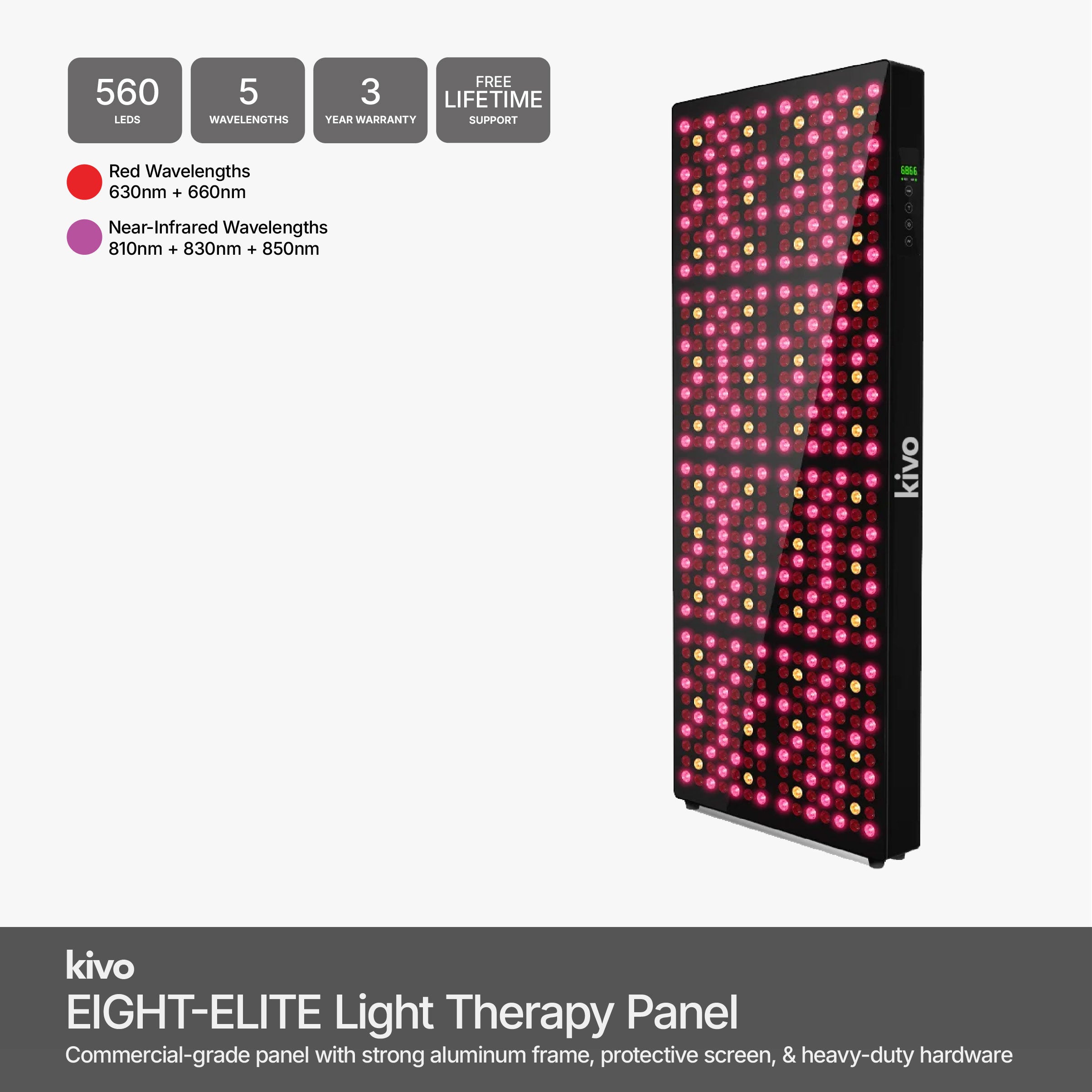 Kivo EIGHT-ELITE Light Therapy Panel, heavy duty, aluminum frame, protective front, brightness, timer, pulse modes, ideal for commercial or heavy-duty consumer use.