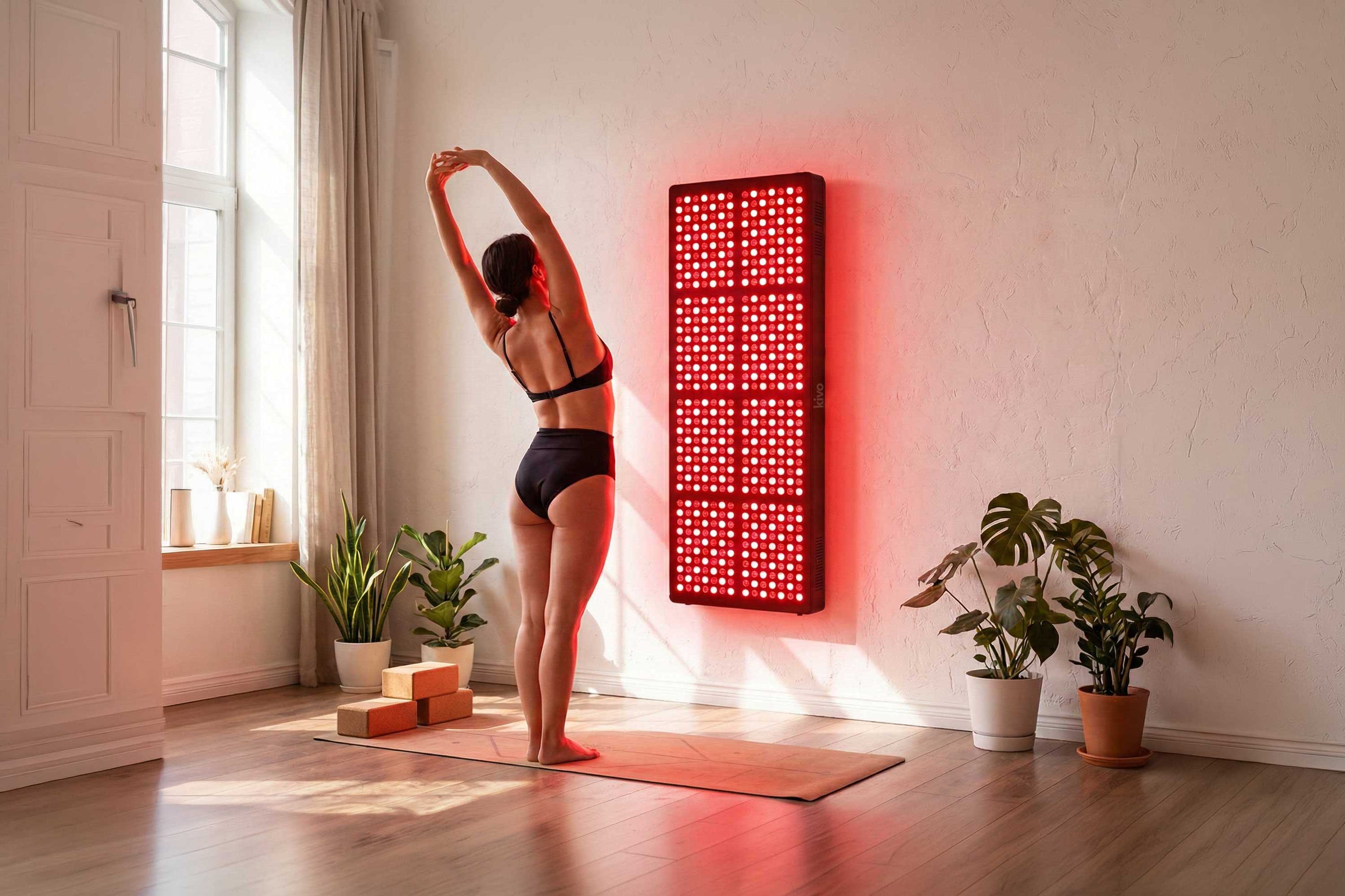 A woman in black sports bra and shorts stands on a yoga mat in a bright room, stretching her arms overhead next to a red LED light therapy panel mounted on the wall. The room has light-colored walls, a wooden floor, and several potted plants.