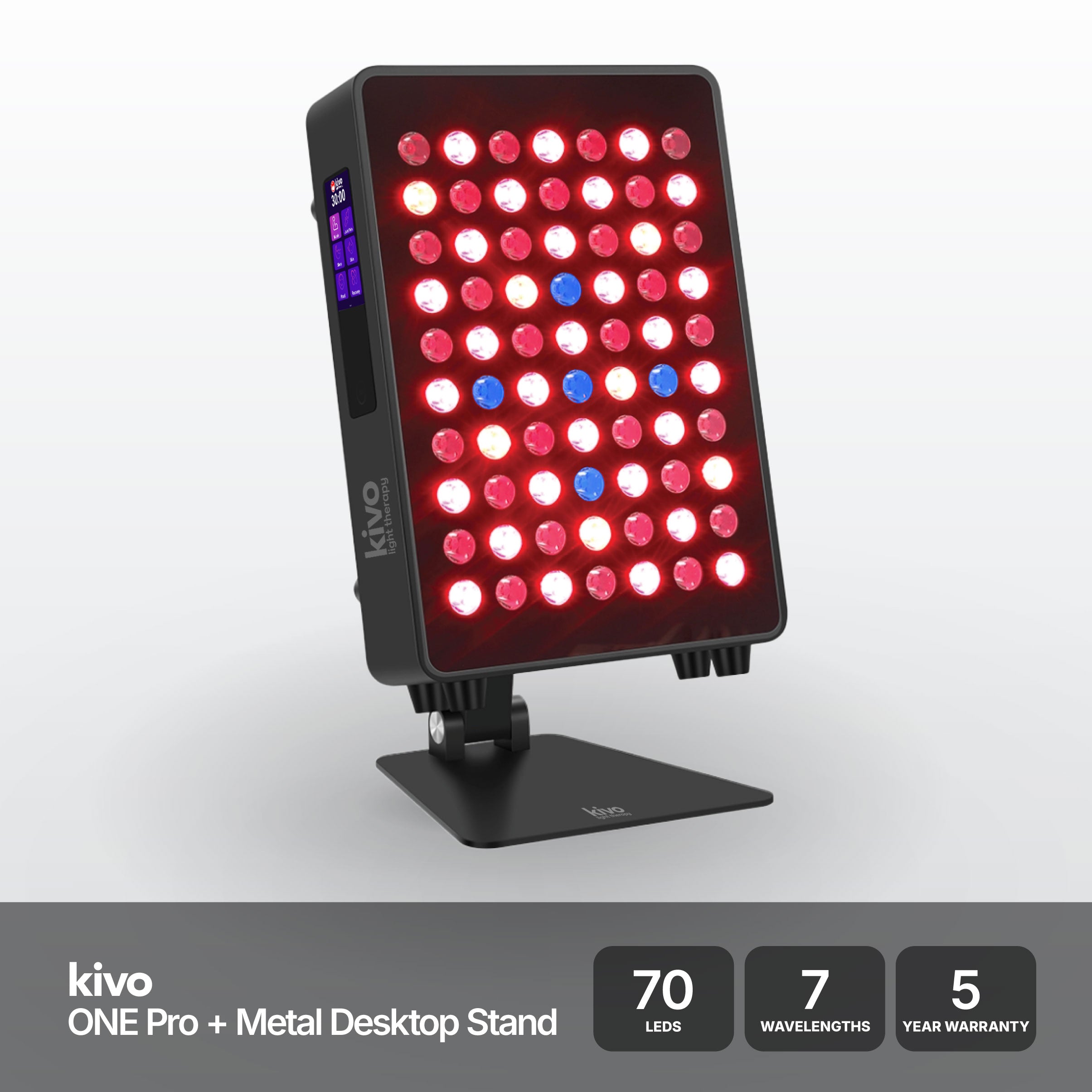 Kivo ONE Pro red light therapy panel with a black table-top stand, shown on a white background with feature callouts, wavelength icons, and product specs.