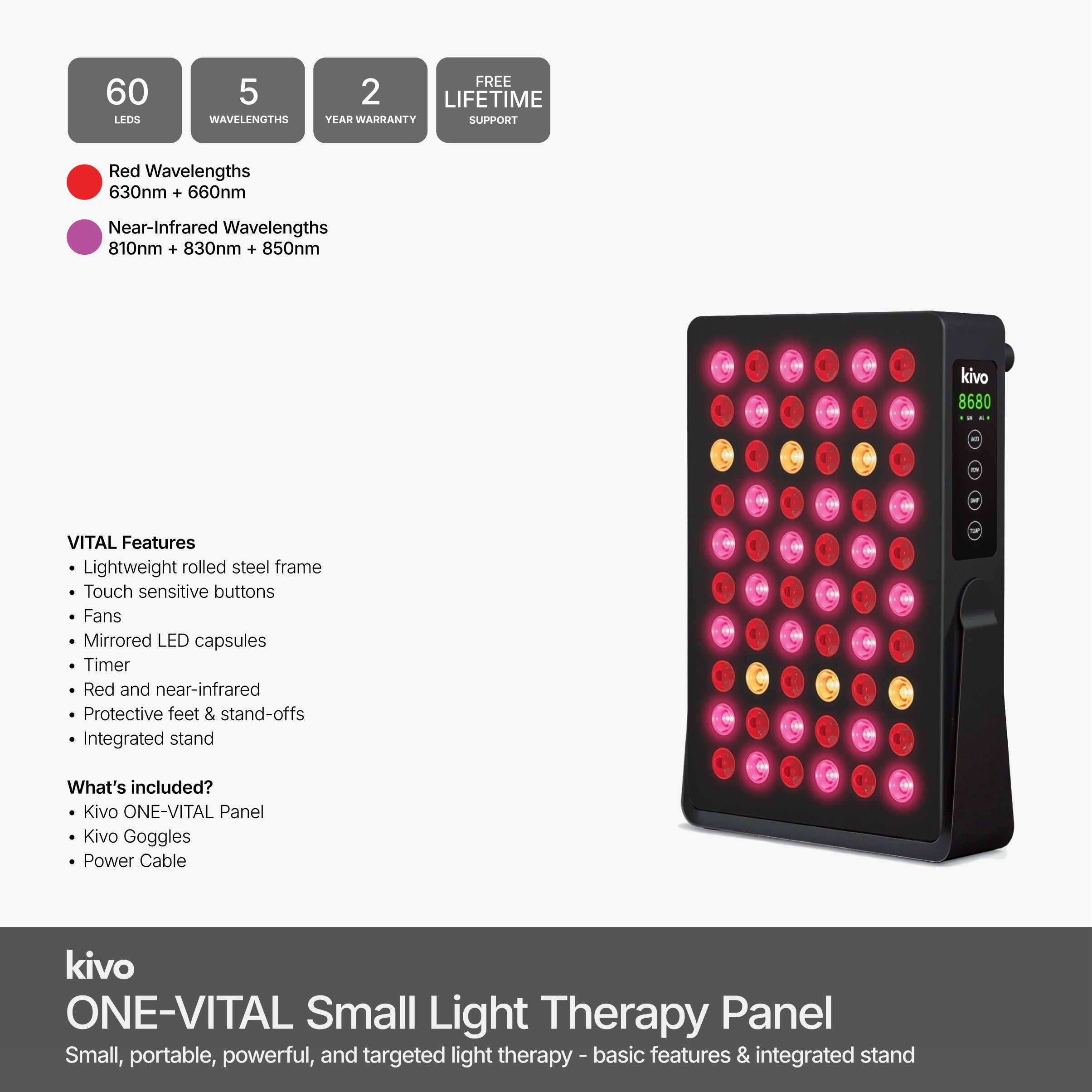 Kivo ONE-VITAL red and near-infrared light therapy panel - 60 leds, 5 wavelengths,  2 year warranty