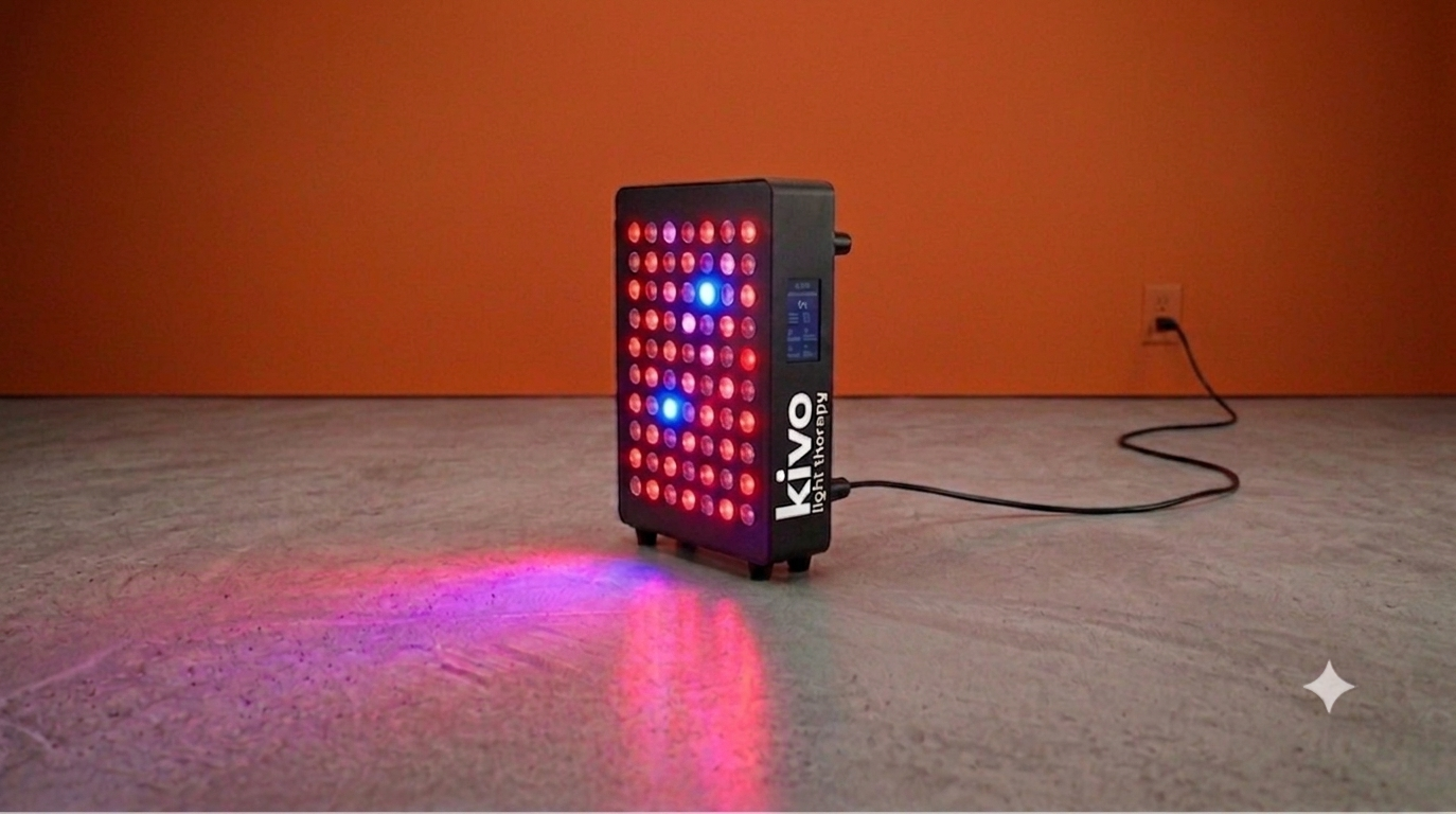 Kivo Pro 300 light therapy panel with blue, red, and near-infrared LEDs and touchscreen controls