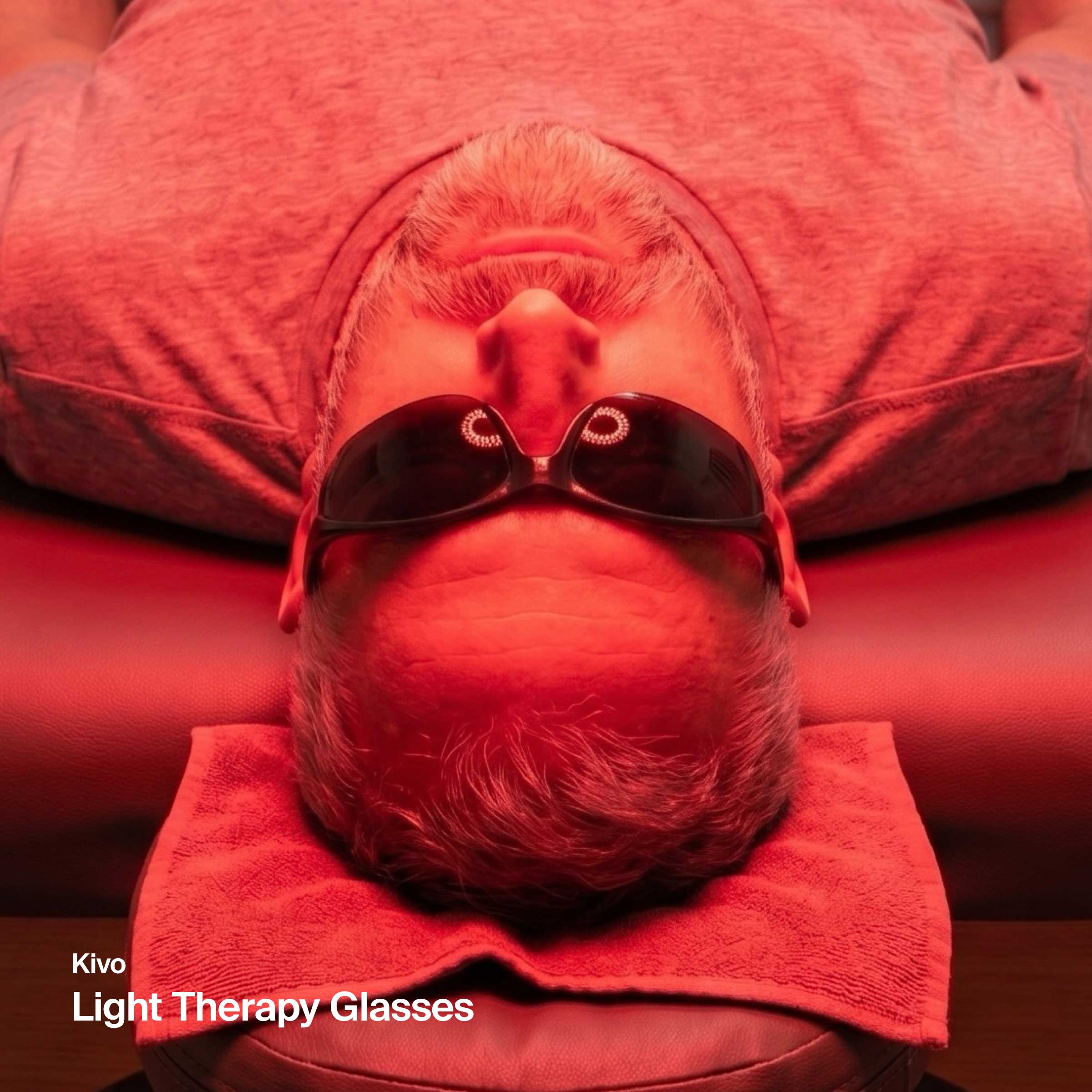 A person lying face down on a red light therapy treatment table, wearing black Kivo light therapy goggles. The scene is illuminated by a red light therapy wavelength, casting a strong red/pink color cast over the person's skin and the table.