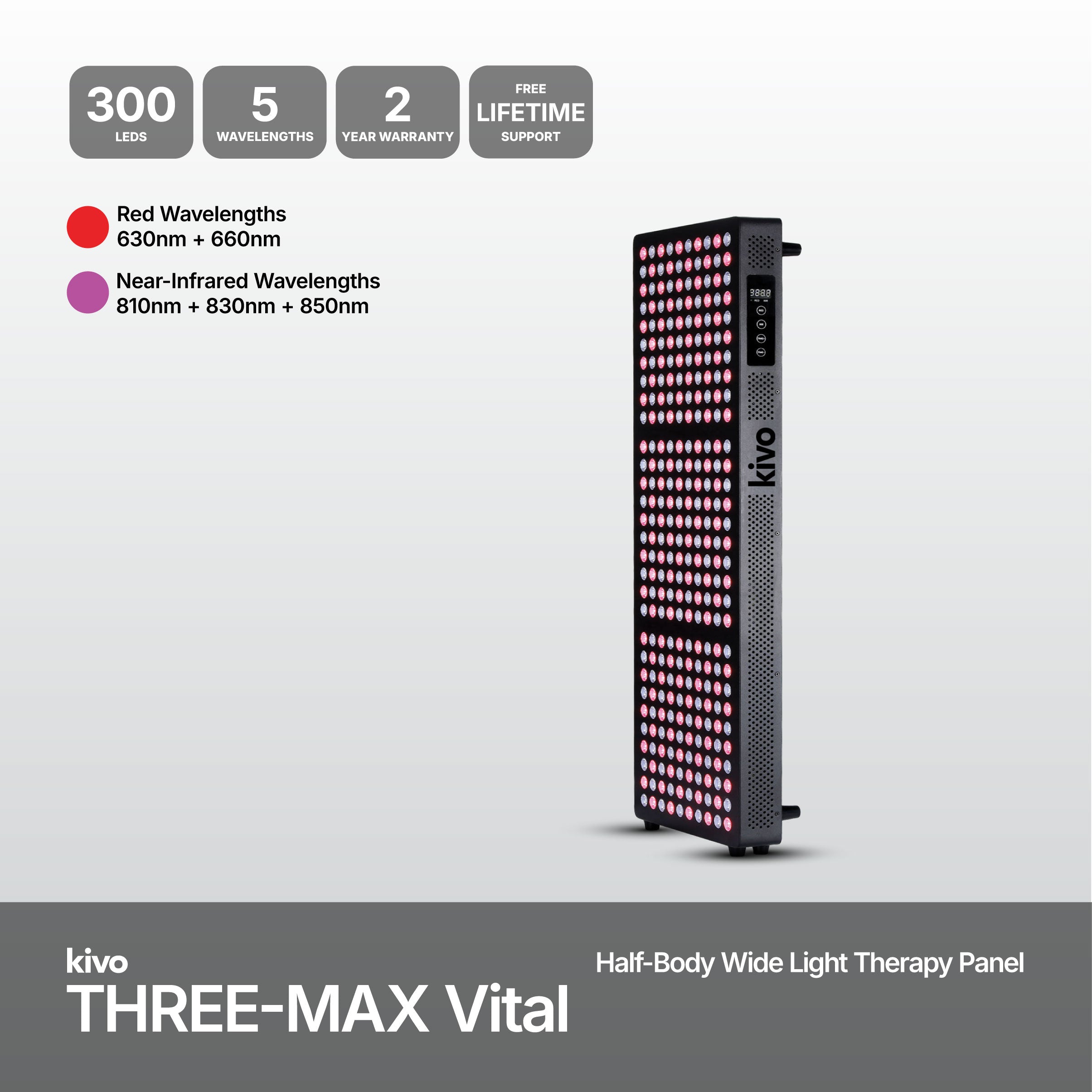Kivo THREE-MAX Vital red and near-infrared light therapy panel shown on a white background with product specifications and feature callouts.