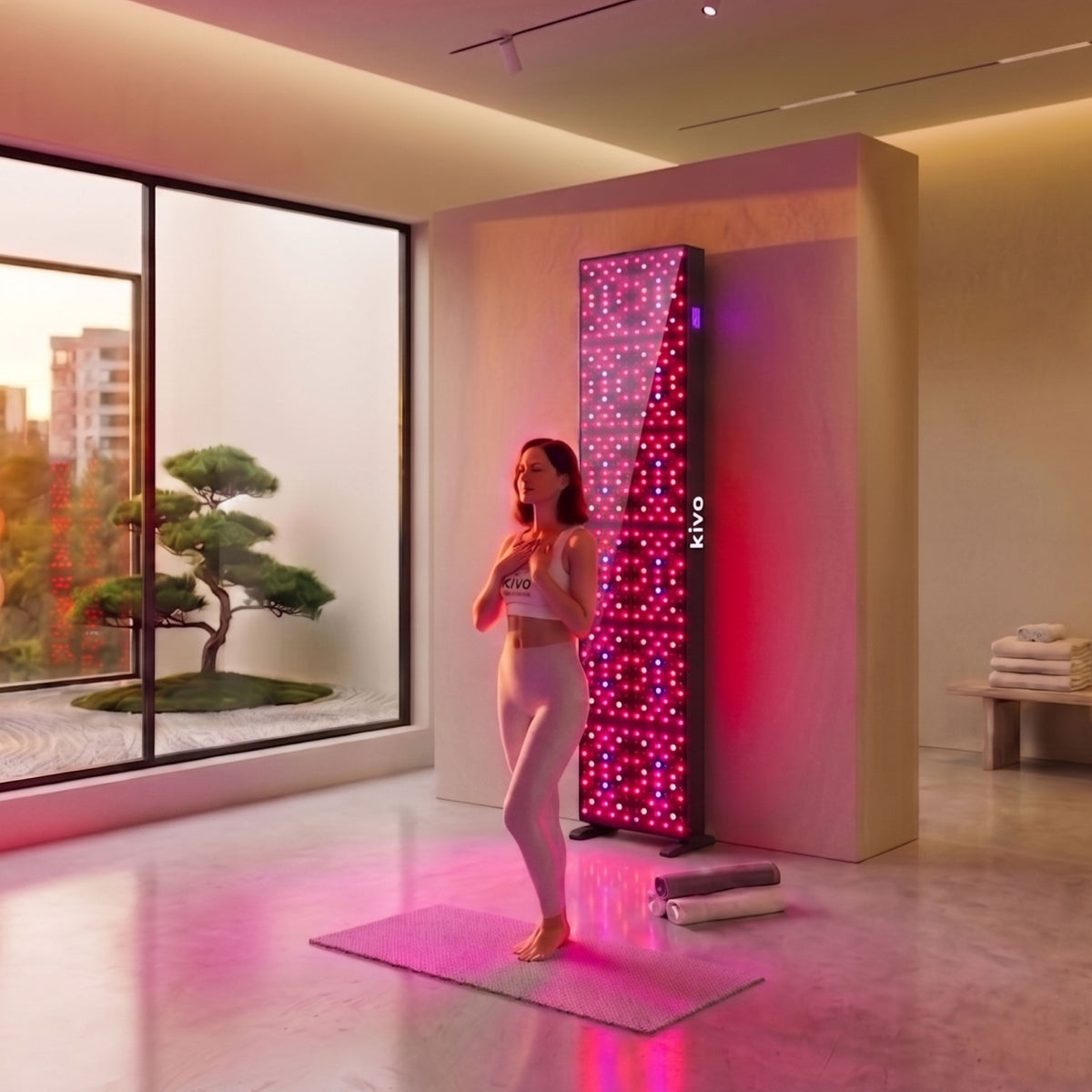 A woman stands on a yoga mat in a modern wellness room beside a wall-mounted extra large KIVO red LED light therapy panel