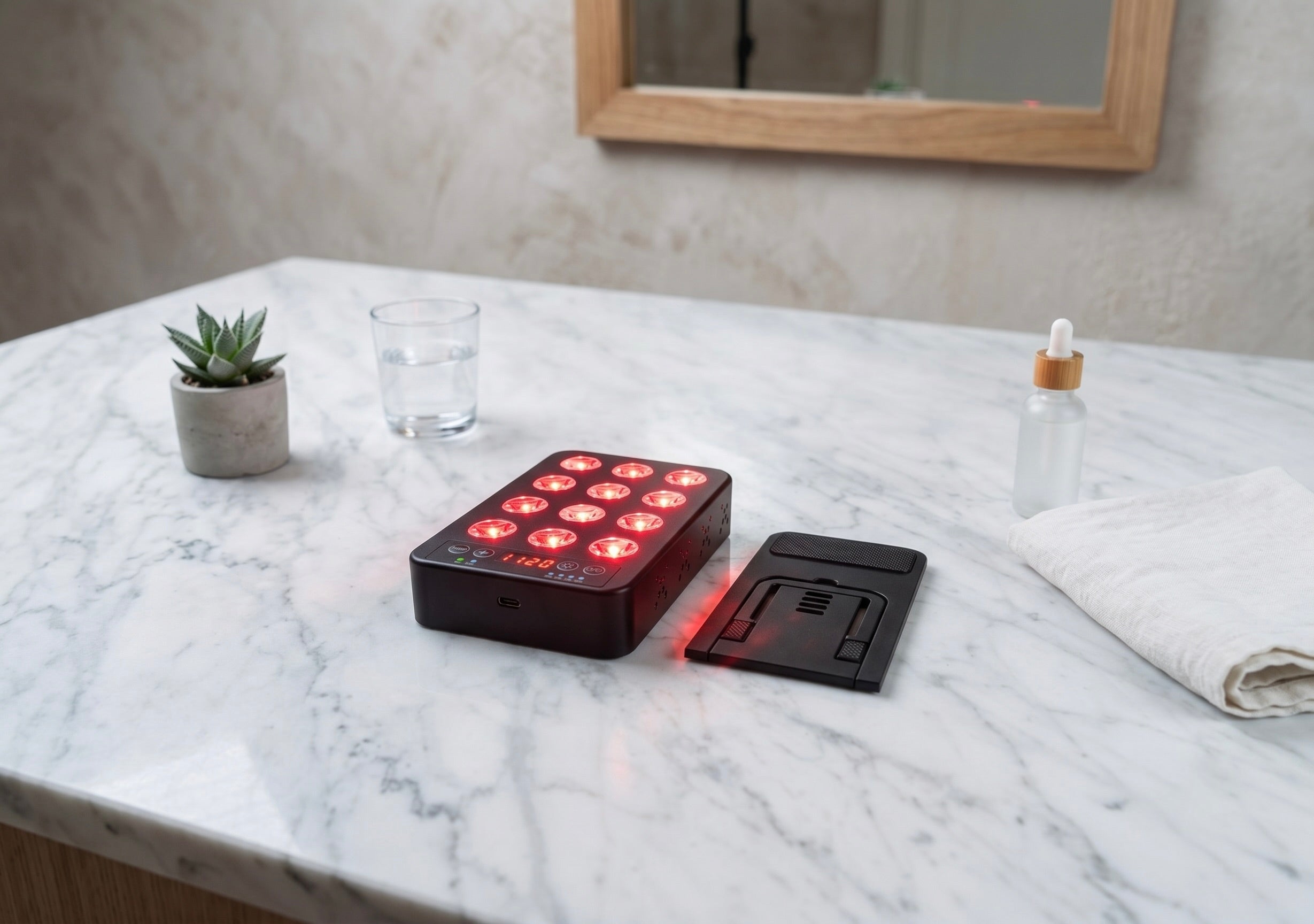 A Kivo red light therapy panel and its black charging dock sit on a white marble bathroom counter next to a small potted succulent, a glass of water, and a white towel.