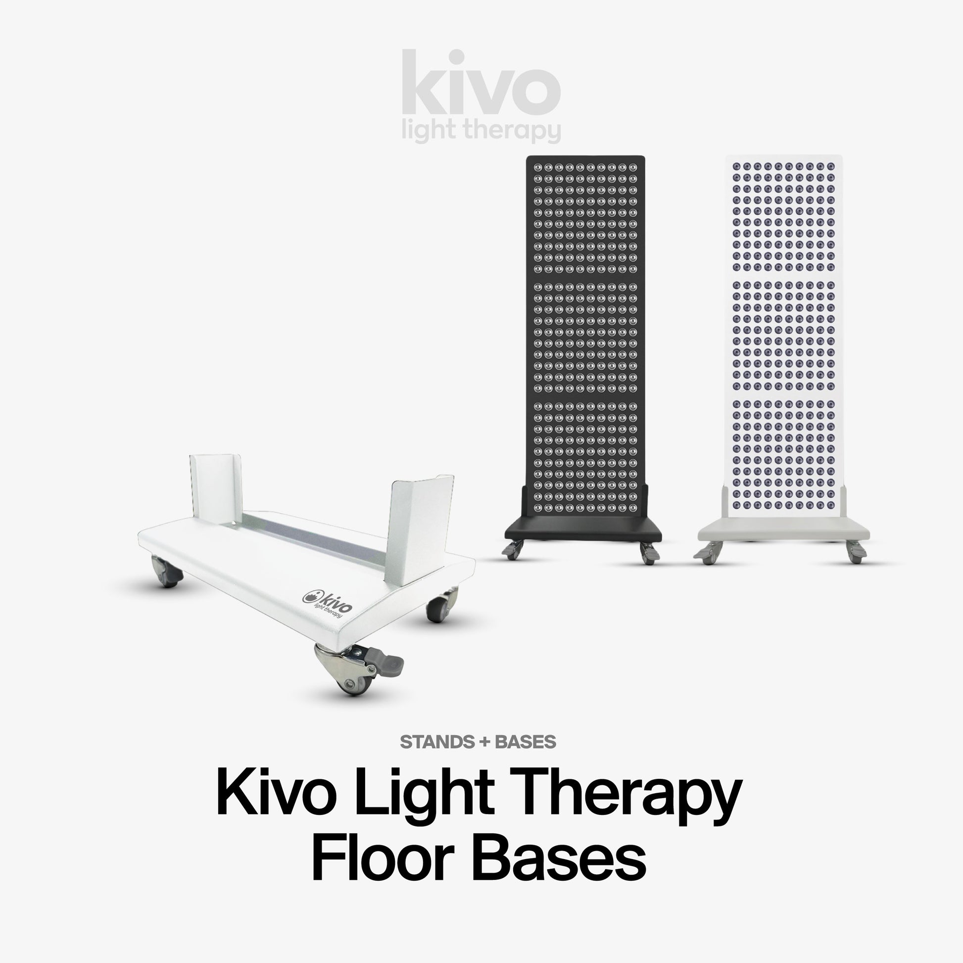 Kivo metal wheeled floor base with two vertical panels on a gray background