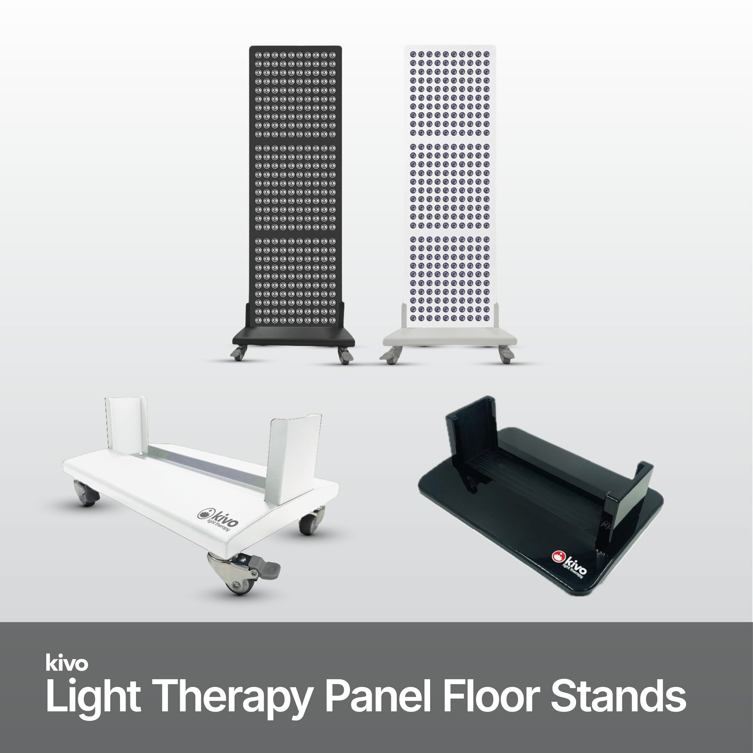 Kivo metal wheeled floor base with two vertical panels on a gray background