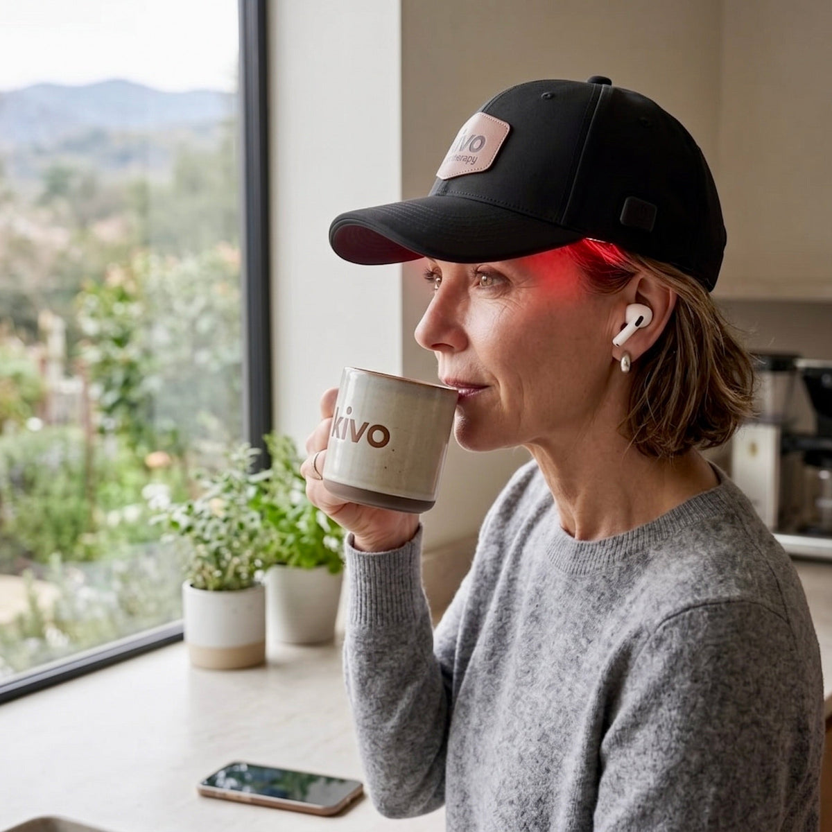 Woman drinking from a 'Kivo' mug in a kitchen wearing a red light therapy cap