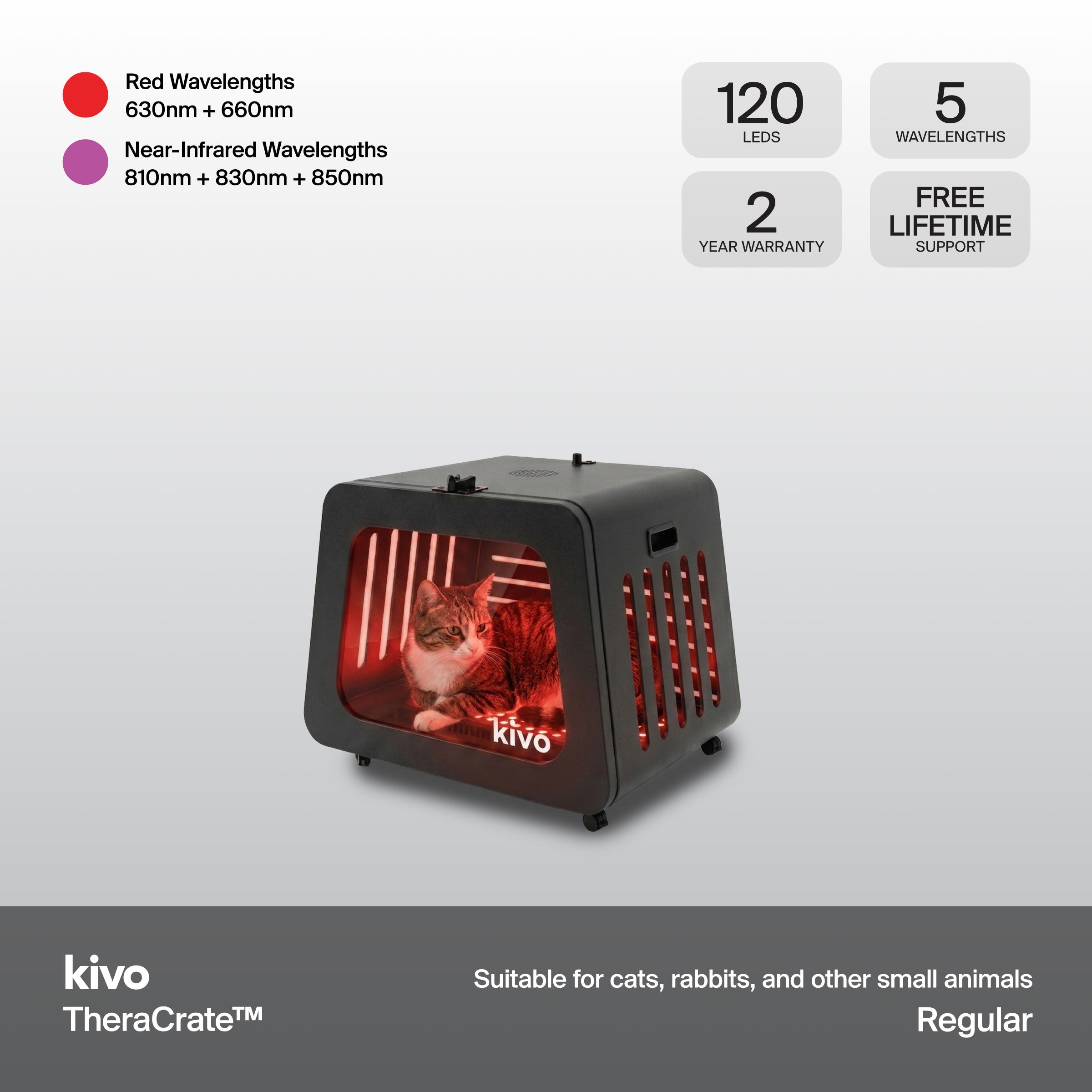 Kivo TheraCrate pet light therapy crate shown on a light gray background with feature callouts: red and near-infrared wavelengths, 120 LEDs, 5 wavelengths, 2-year warranty, and free lifetime support. A cat is visible inside the illuminated box.
