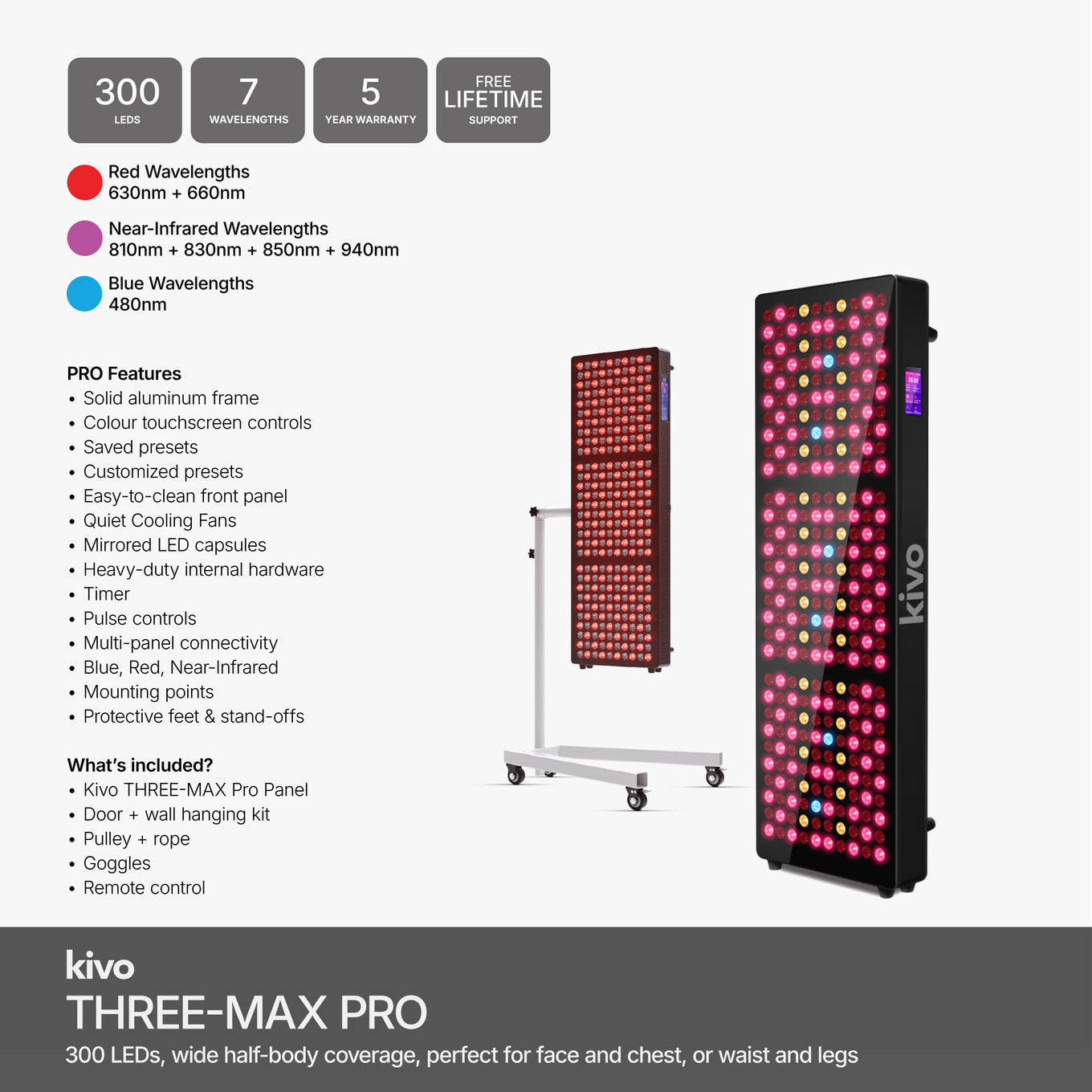Kivo THREE-MAX Pro 300 led 7 wavelength red nearinfrared blue wavelength light therapy panel half body size