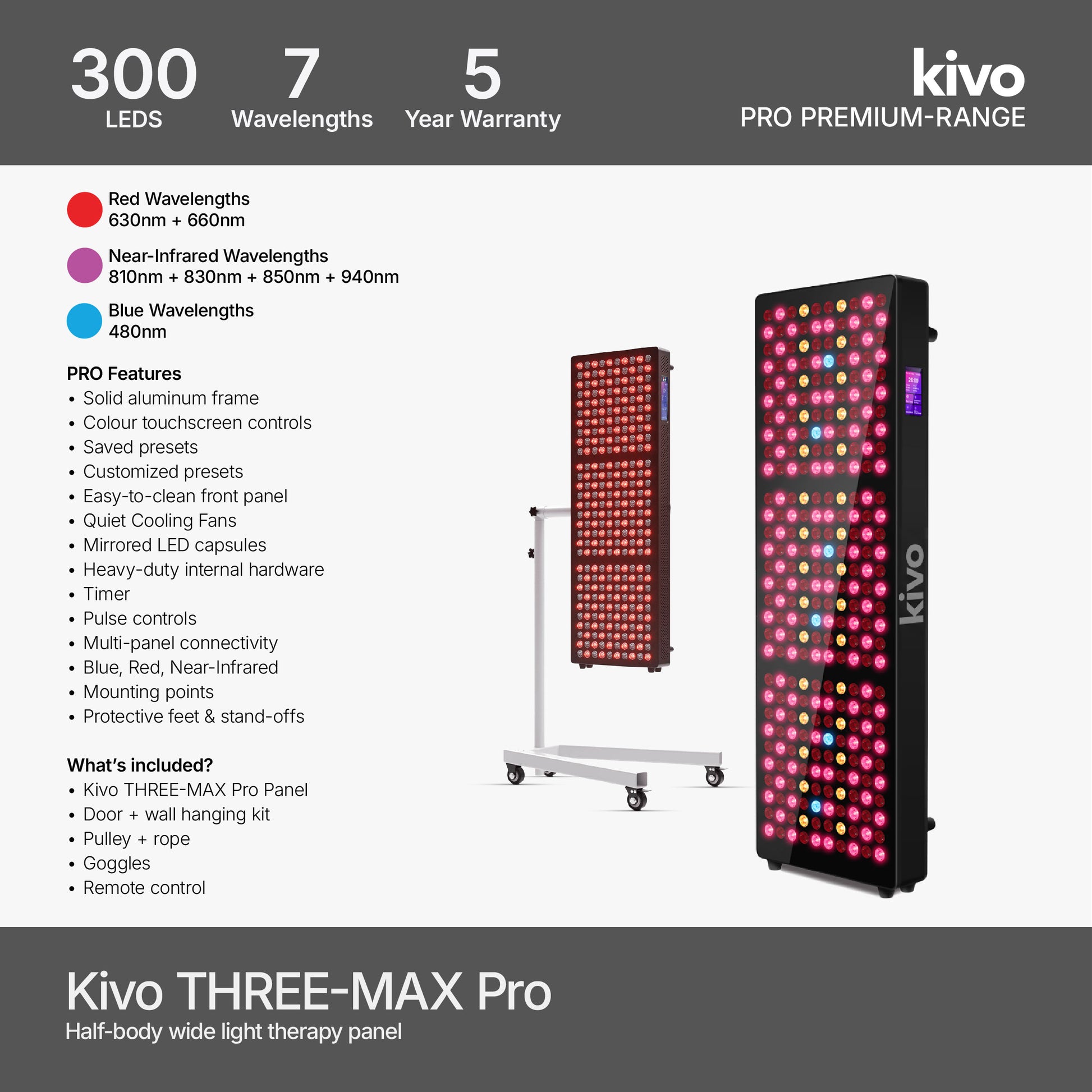 Kivo THREE-MAX Pro 300 led 7 wavelength red nearinfrared blue wavelength light therapy panel half body size