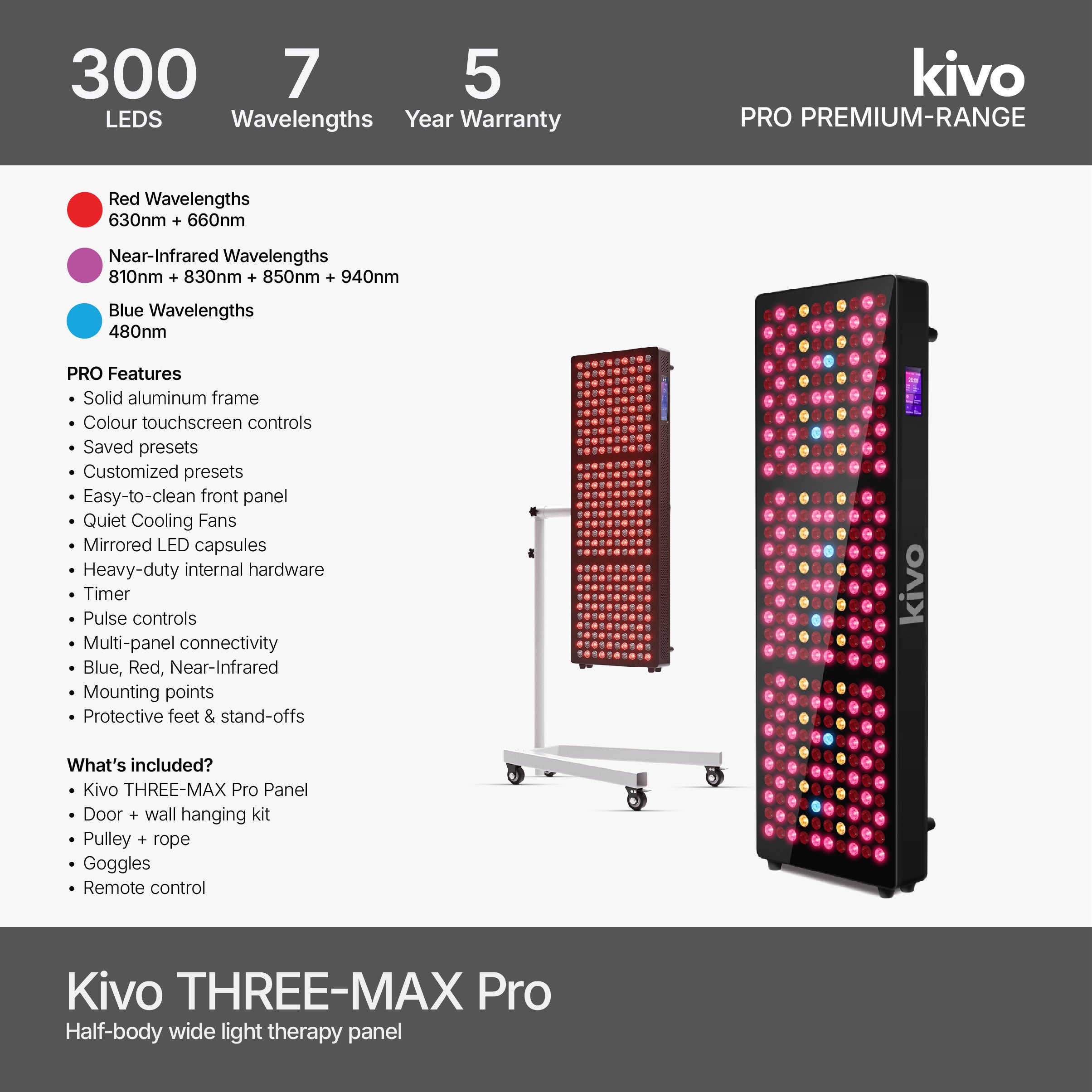 Kivo THREE-MAX Pro 300 led 7 wavelength red nearinfrared blue wavelength light therapy panel half body size