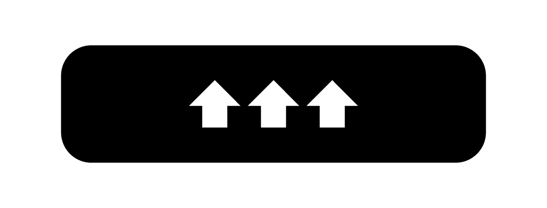 Black button with three white arrows pointing upwards on a white background