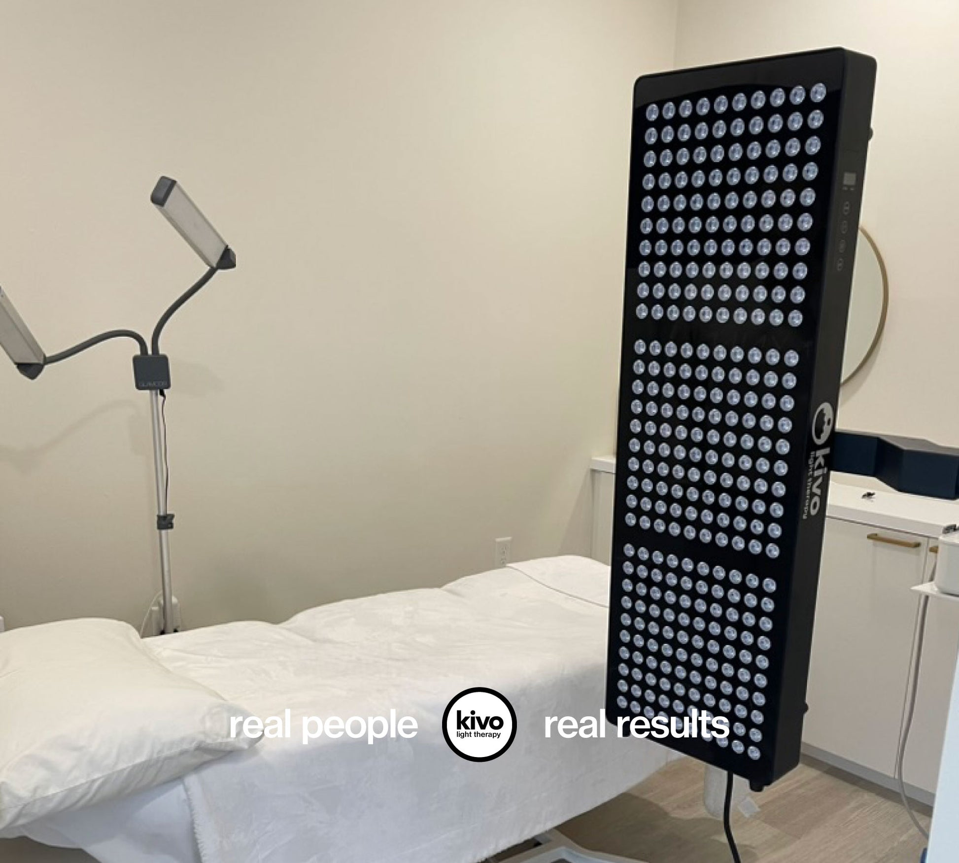 LED light panel on a bed in a clinical setting with 'Kivo' branding.