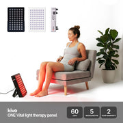 Kivo Vital ONE red and near-infrared light therapy panel shown with a seated woman using it on her lower back and legs, plus product accessories and feature callouts on a clean white background.