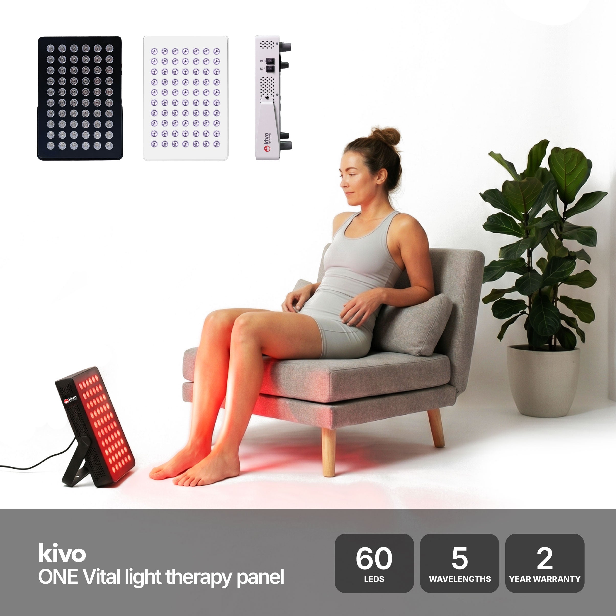 Kivo Vital ONE red and near-infrared light therapy panel shown with a seated woman using it on her lower back and legs, plus product accessories and feature callouts on a clean white background.